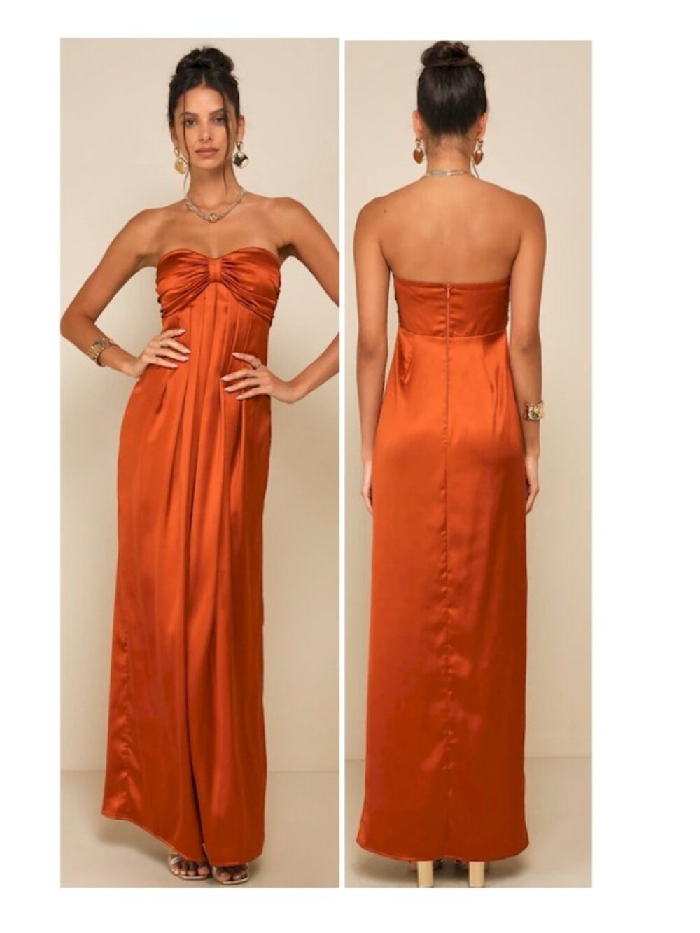 Lulus Memorable Entrance Rust Orange Strapless Satin Maxi Dress Size Large New
